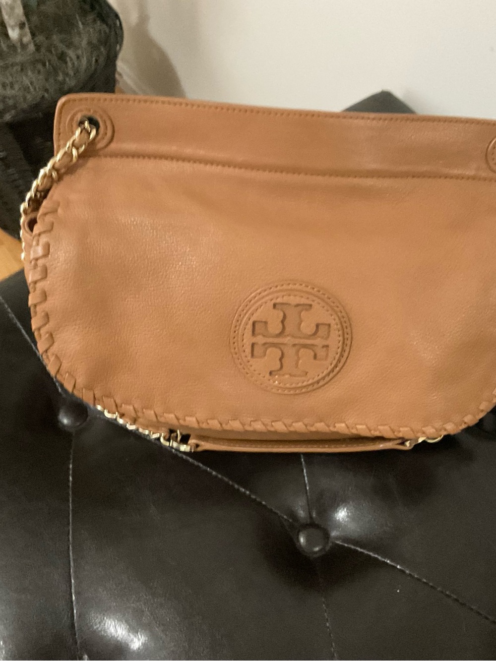Tory Burch Cognac Leather Shoulder Bag with Logo Medallion